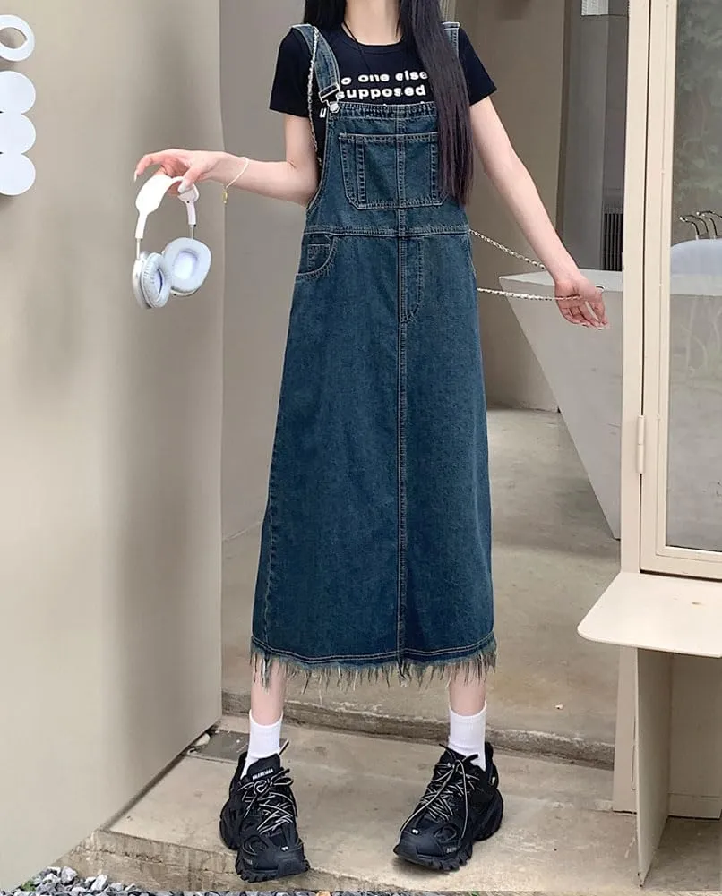 chouyatou Women's Adjustable Strap Denim Bib Overall Dress Distressed Fringe Pinafore Long Jean Dress