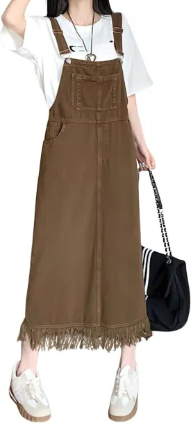 chouyatou Women's Adjustable Strap Denim Bib Overall Dress Distressed Fringe Pinafore Long Jean Dress