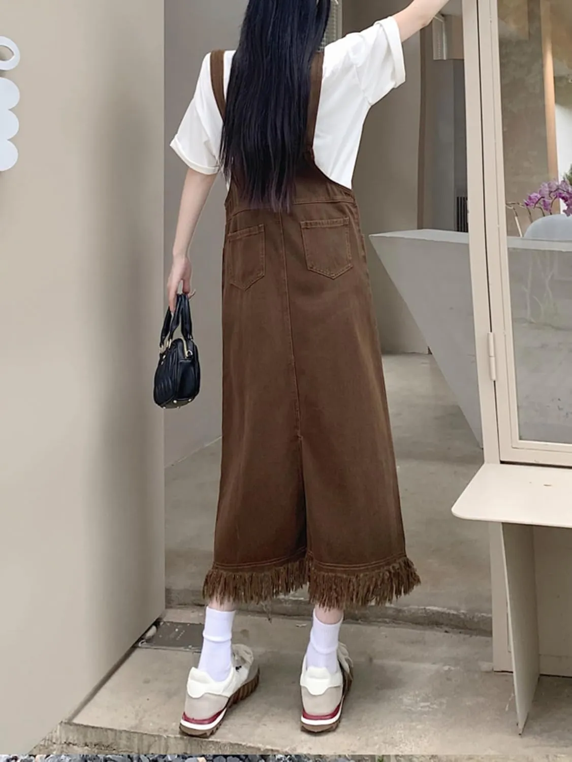 chouyatou Women's Adjustable Strap Denim Bib Overall Dress Distressed Fringe Pinafore Long Jean Dress
