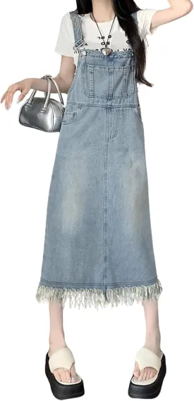 chouyatou Women's Adjustable Strap Denim Bib Overall Dress Distressed Fringe Pinafore Long Jean Dress