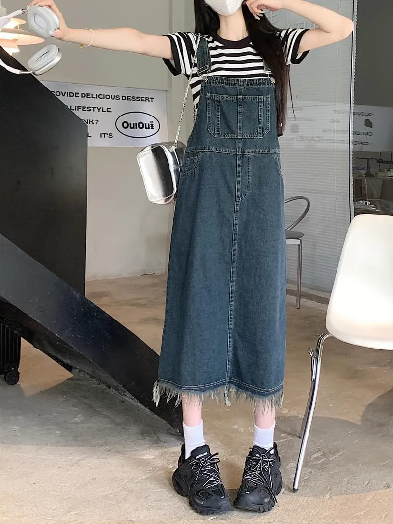 chouyatou Women's Adjustable Strap Denim Bib Overall Dress Distressed Fringe Pinafore Long Jean Dress