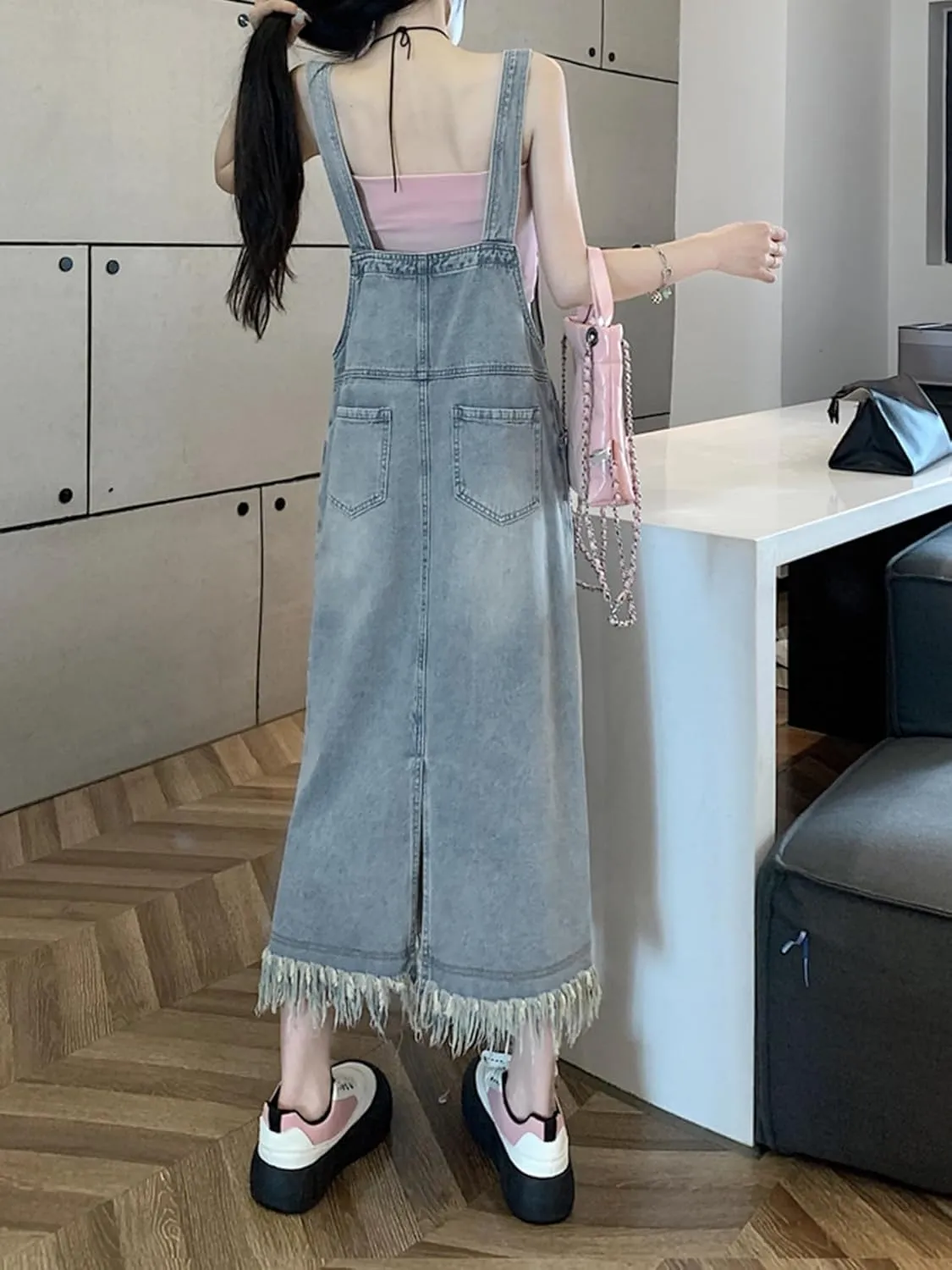 chouyatou Women's Adjustable Strap Denim Bib Overall Dress Distressed Fringe Pinafore Long Jean Dress