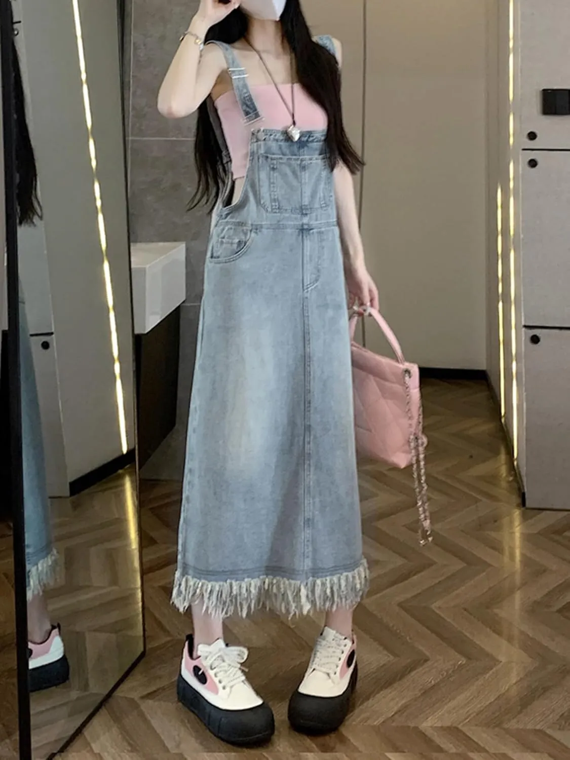 chouyatou Women's Adjustable Strap Denim Bib Overall Dress Distressed Fringe Pinafore Long Jean Dress