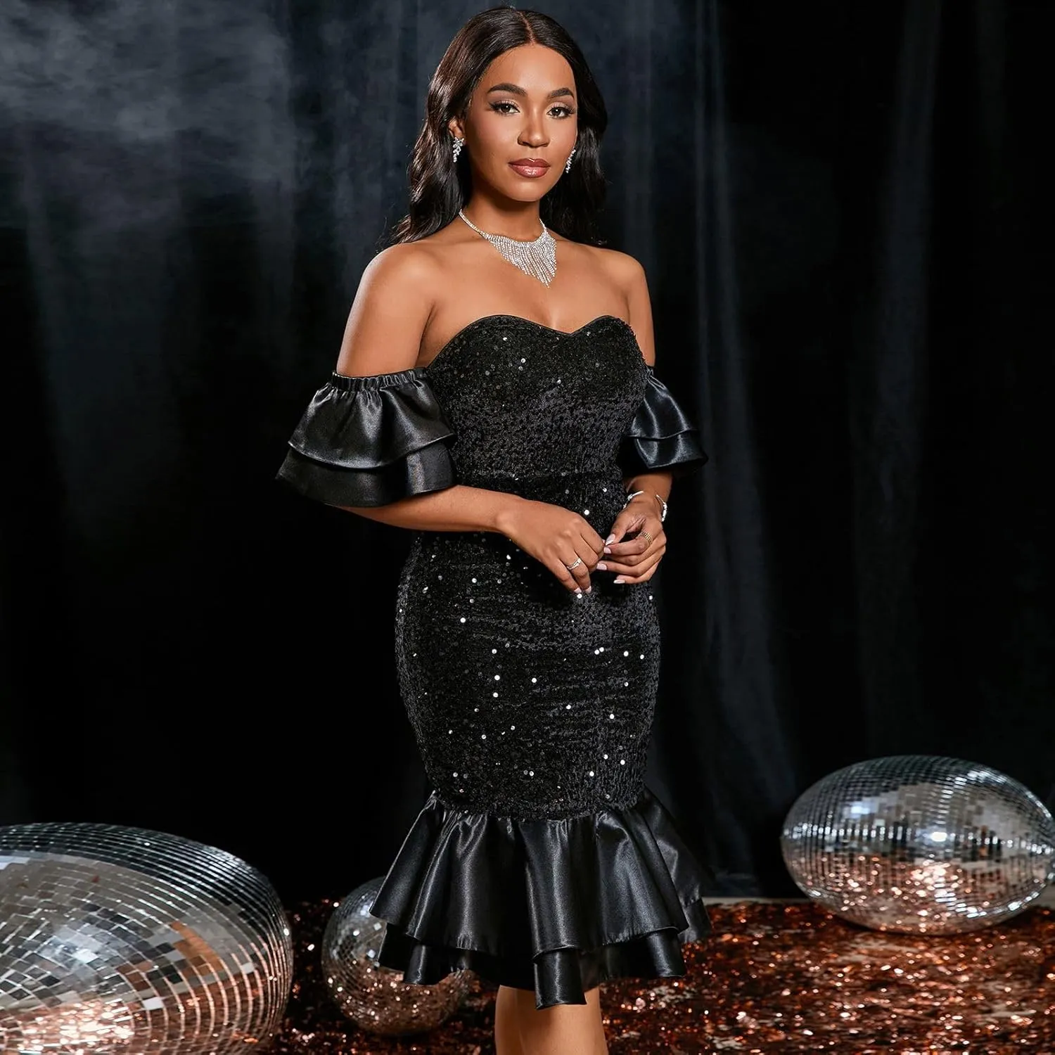 Cololura Women Elegant Sexy Sequin Off Shoulder Ruffle Sleeve Bodycon Mermaid Cocktail Formal Party Ball Gown Midi Dress