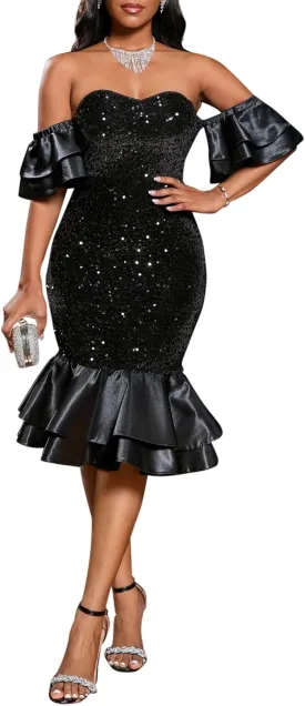 Cololura Women Elegant Sexy Sequin Off Shoulder Ruffle Sleeve Bodycon Mermaid Cocktail Formal Party Ball Gown Midi Dress