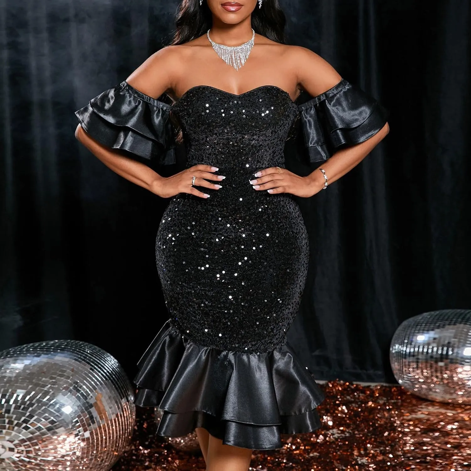 Cololura Women Elegant Sexy Sequin Off Shoulder Ruffle Sleeve Bodycon Mermaid Cocktail Formal Party Ball Gown Midi Dress