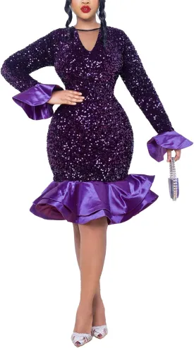 Cololura Women Elegant Sexy Sequin Off Shoulder Ruffle Sleeve Bodycon Mermaid Cocktail Formal Party Ball Gown Midi Dress