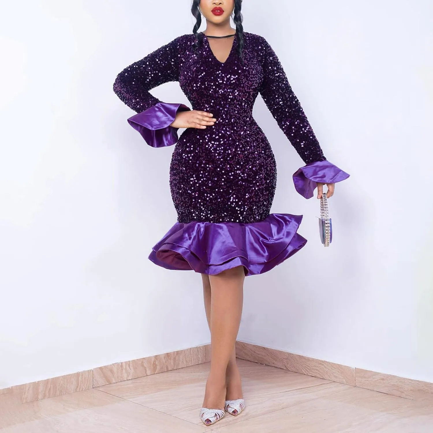 Cololura Women Elegant Sexy Sequin Off Shoulder Ruffle Sleeve Bodycon Mermaid Cocktail Formal Party Ball Gown Midi Dress