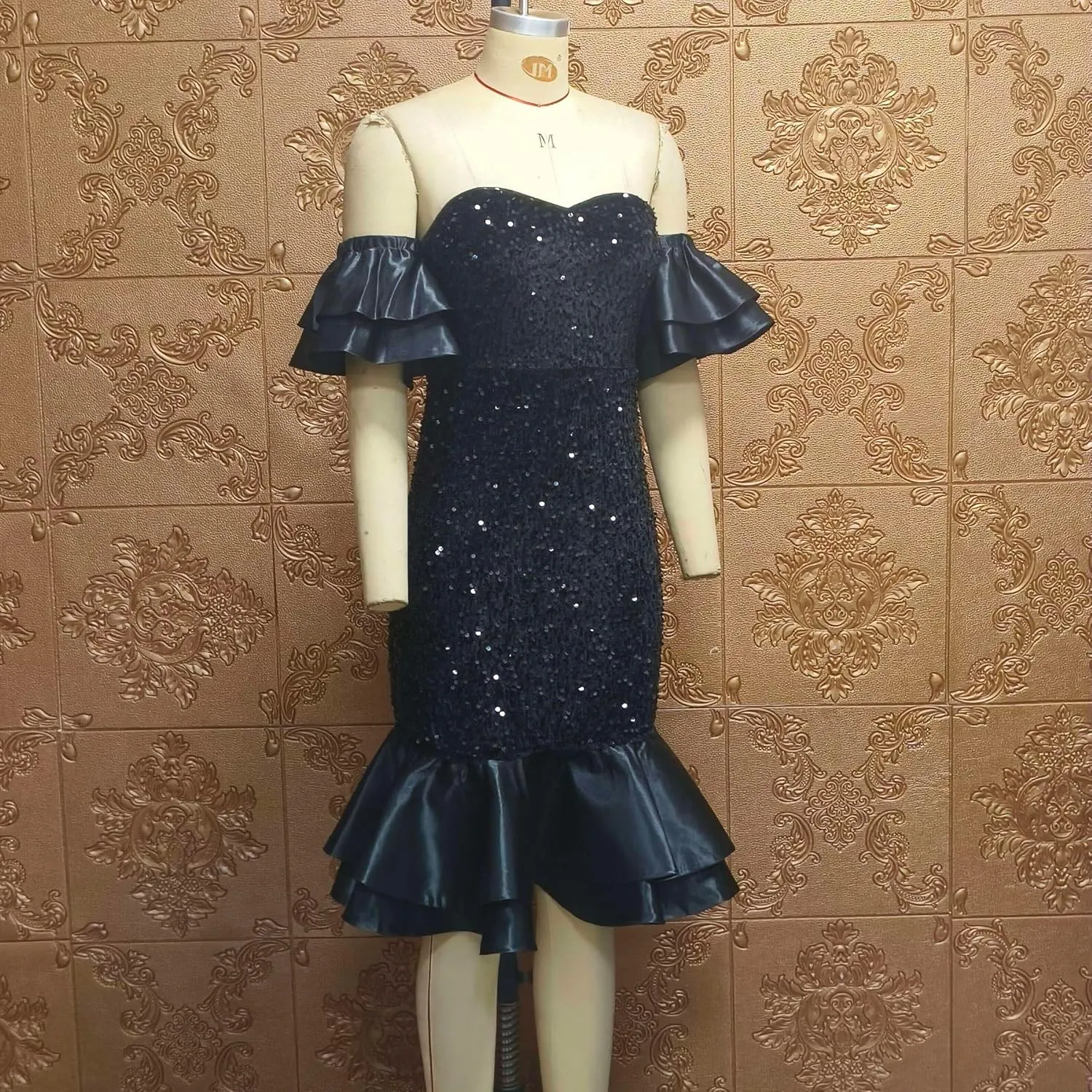 Cololura Women Elegant Sexy Sequin Off Shoulder Ruffle Sleeve Bodycon Mermaid Cocktail Formal Party Ball Gown Midi Dress