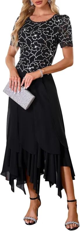 Cololura Women Floral Lace Patchwork Sequin Ruffle Hem Bodycon Party Cocktail Prom Dress