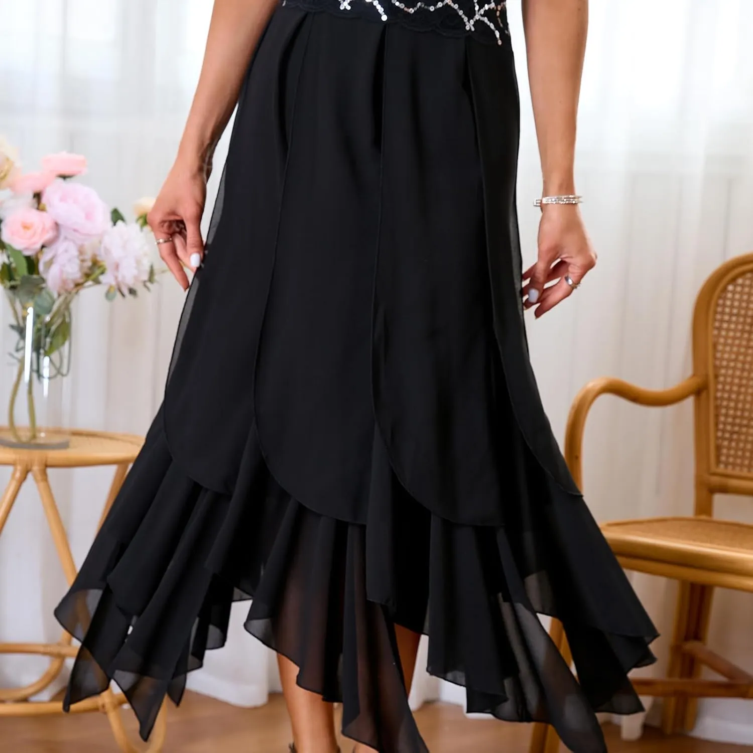 Cololura Women Floral Lace Patchwork Sequin Ruffle Hem Bodycon Party Cocktail Prom Dress