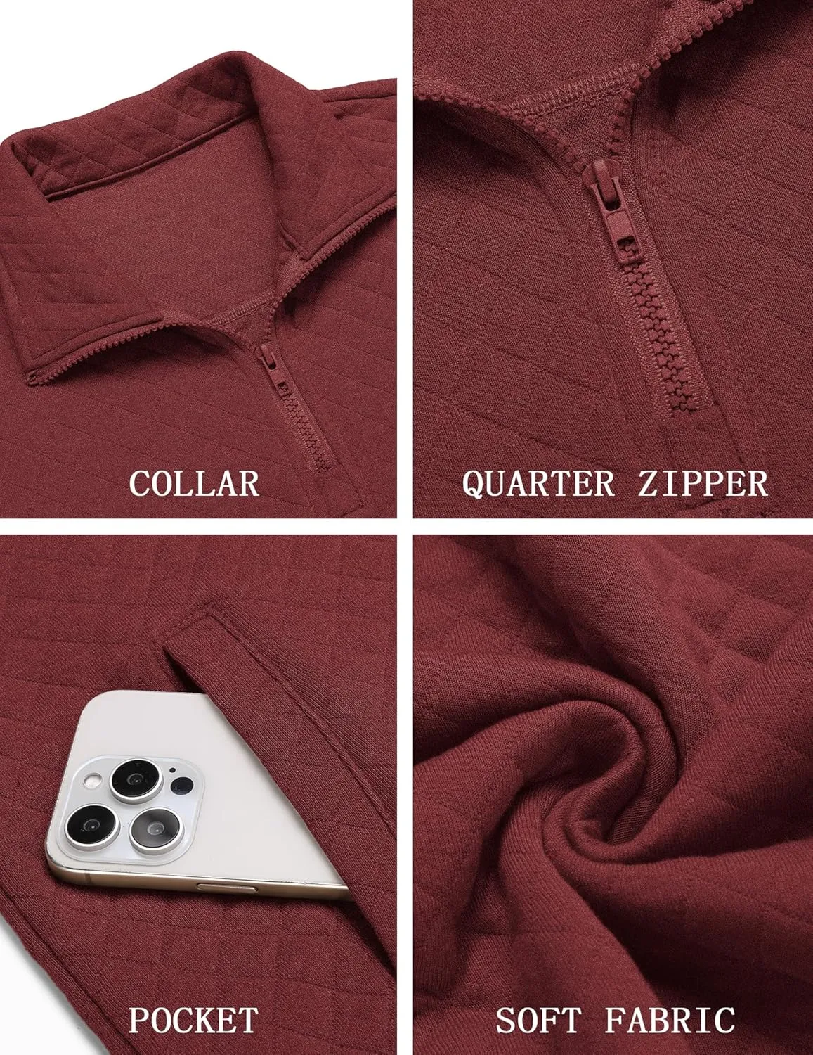 COOFANDY Mens Quarter Zip Pullover Quilted Sweatshirt Knit Long Sleeve Mock Neck Sweater Polo with Pocket