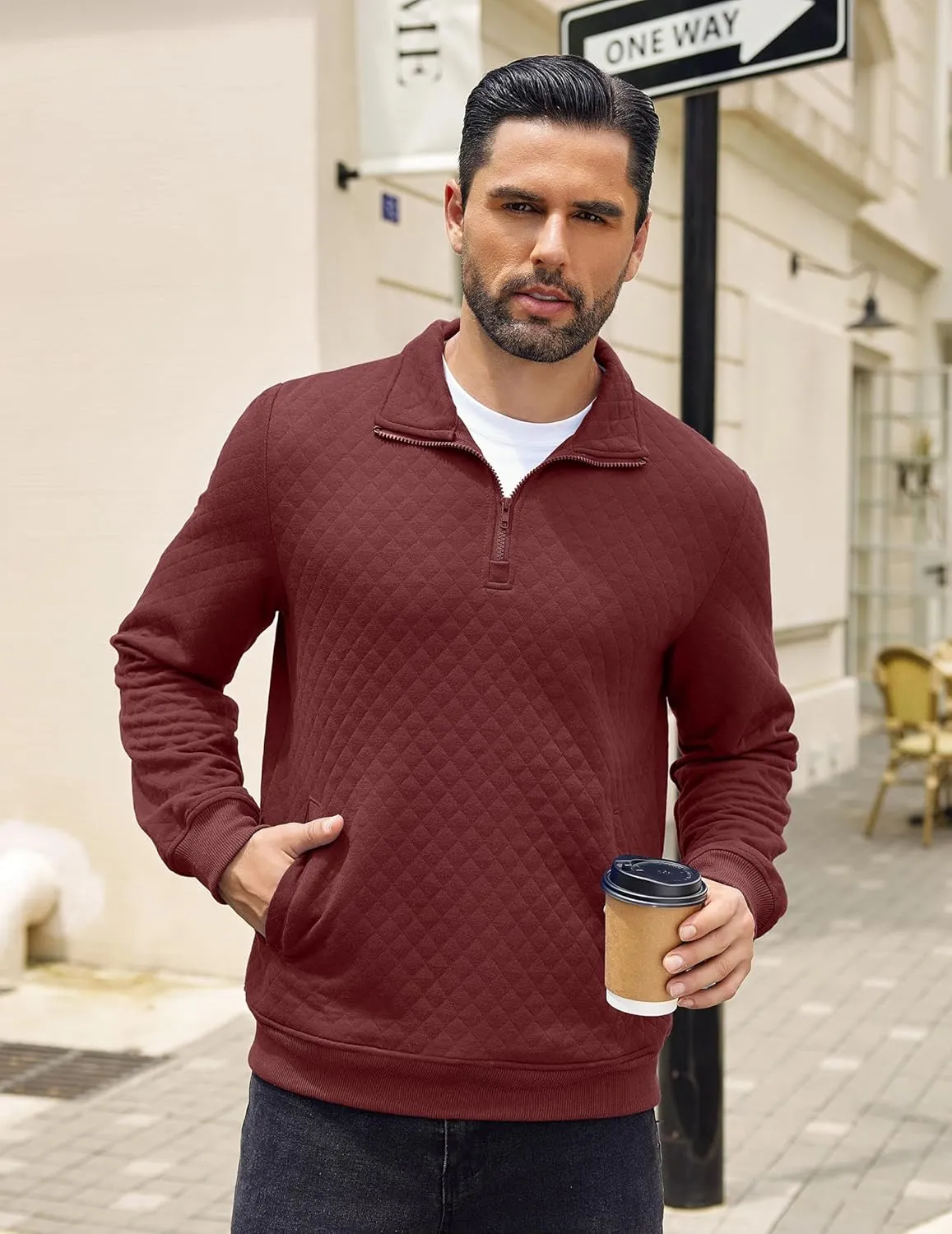COOFANDY Mens Quarter Zip Pullover Quilted Sweatshirt Knit Long Sleeve Mock Neck Sweater Polo with Pocket