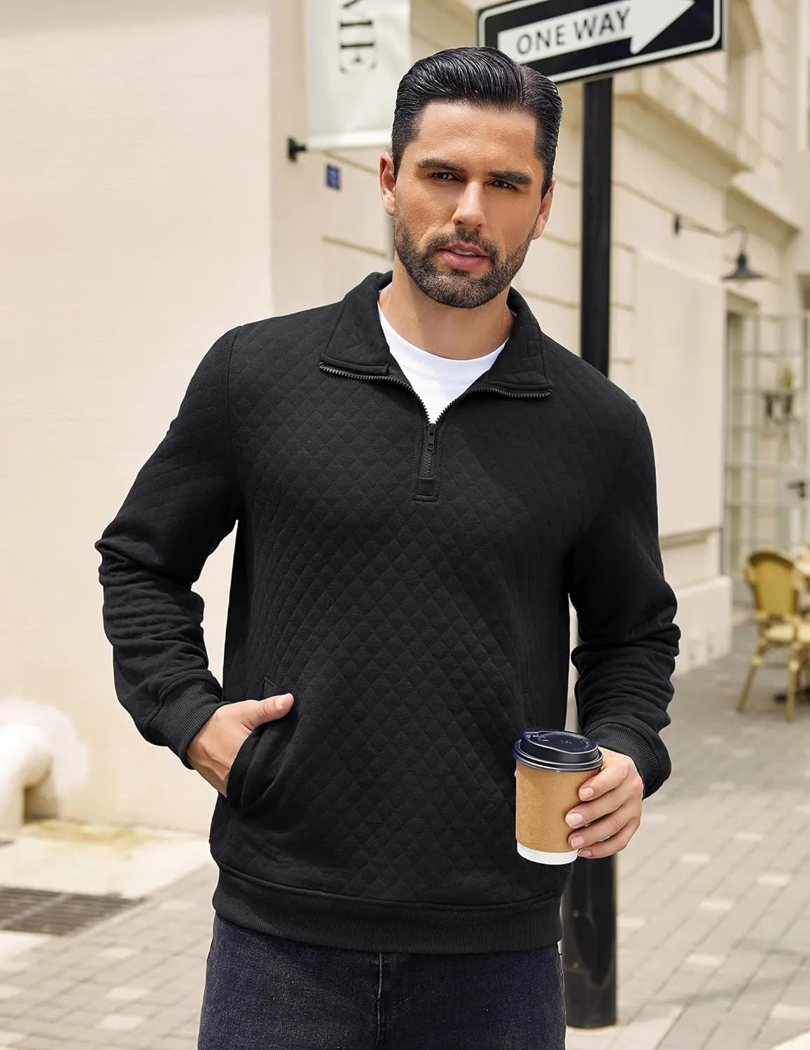 COOFANDY Mens Quarter Zip Pullover Quilted Sweatshirt Knit Long Sleeve Mock Neck Sweater Polo with Pocket