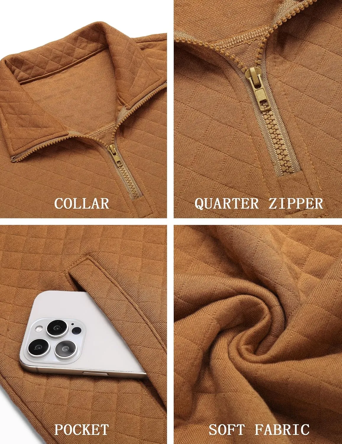 COOFANDY Mens Quarter Zip Pullover Quilted Sweatshirt Knit Long Sleeve Mock Neck Sweater Polo with Pocket