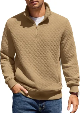 COOFANDY Mens Quarter Zip Pullover Quilted Sweatshirt Knit Long Sleeve Mock Neck Sweater Polo with Pocket