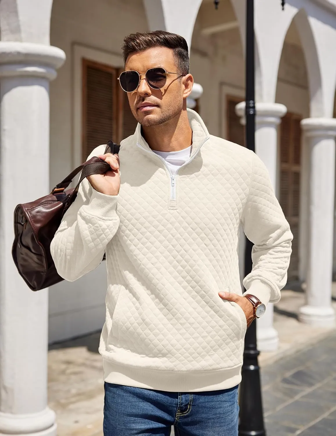 COOFANDY Mens Quarter Zip Pullover Quilted Sweatshirt Knit Long Sleeve Mock Neck Sweater Polo with Pocket
