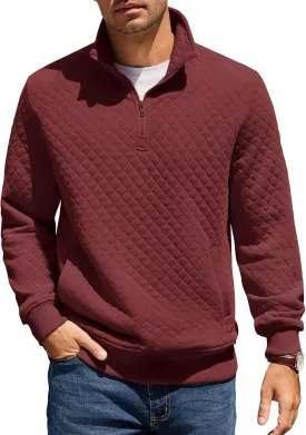 COOFANDY Mens Quarter Zip Pullover Quilted Sweatshirt Knit Long Sleeve Mock Neck Sweater Polo with Pocket