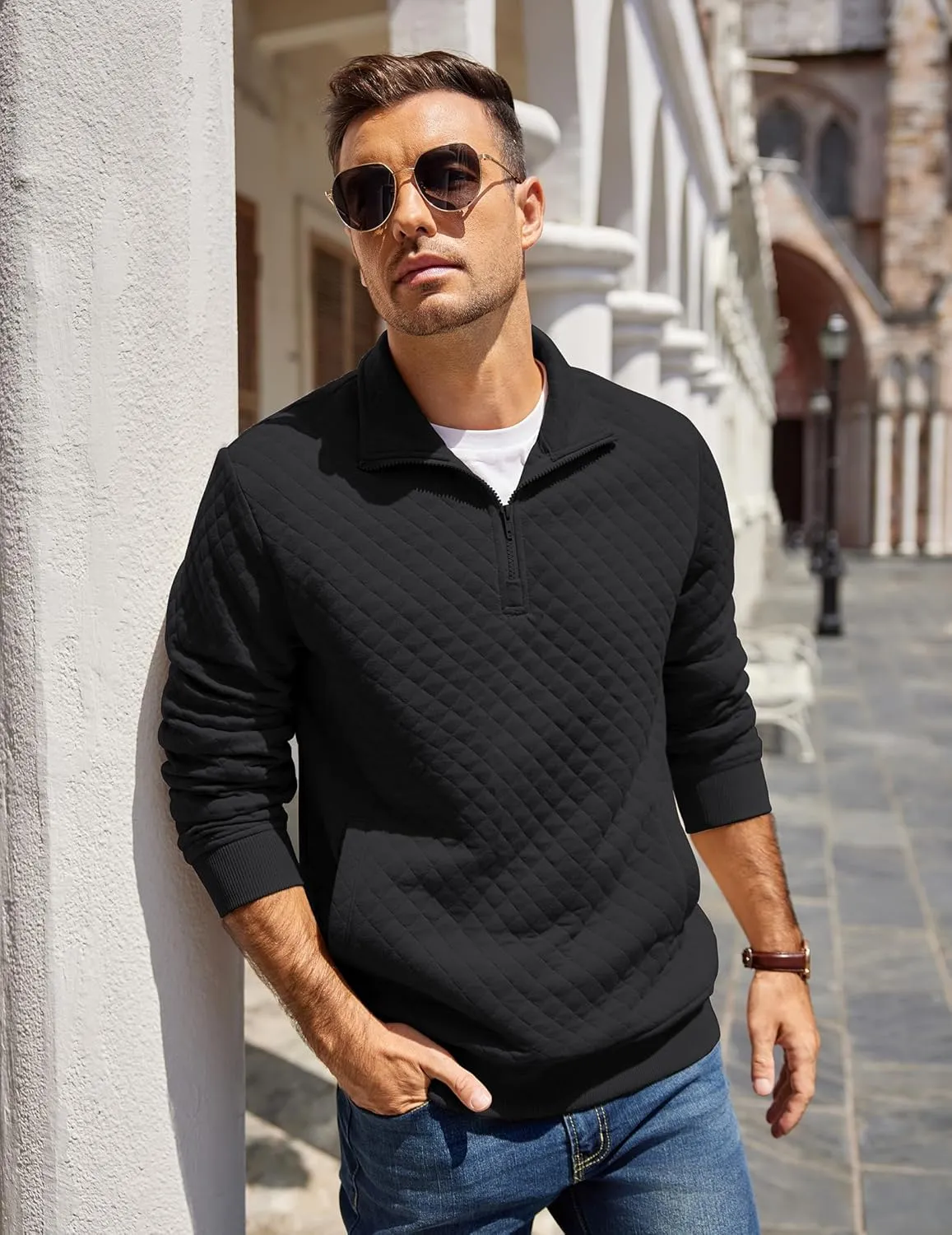 COOFANDY Mens Quarter Zip Pullover Quilted Sweatshirt Knit Long Sleeve Mock Neck Sweater Polo with Pocket