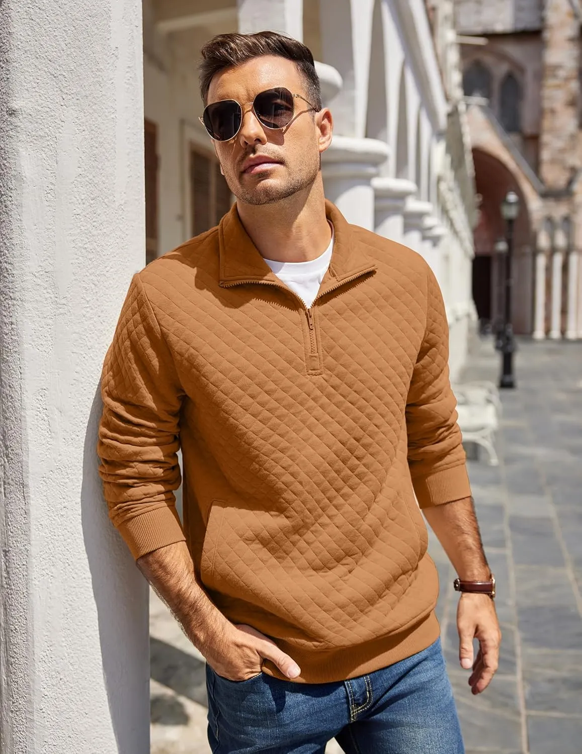 COOFANDY Mens Quarter Zip Pullover Quilted Sweatshirt Knit Long Sleeve Mock Neck Sweater Polo with Pocket