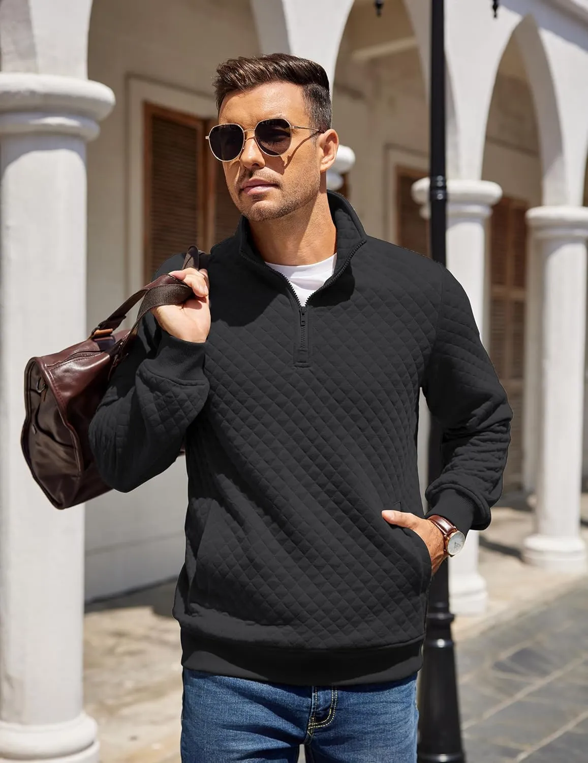 COOFANDY Mens Quarter Zip Pullover Quilted Sweatshirt Knit Long Sleeve Mock Neck Sweater Polo with Pocket
