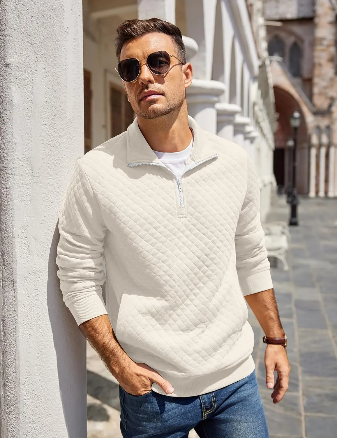 COOFANDY Mens Quarter Zip Pullover Quilted Sweatshirt Knit Long Sleeve Mock Neck Sweater Polo with Pocket