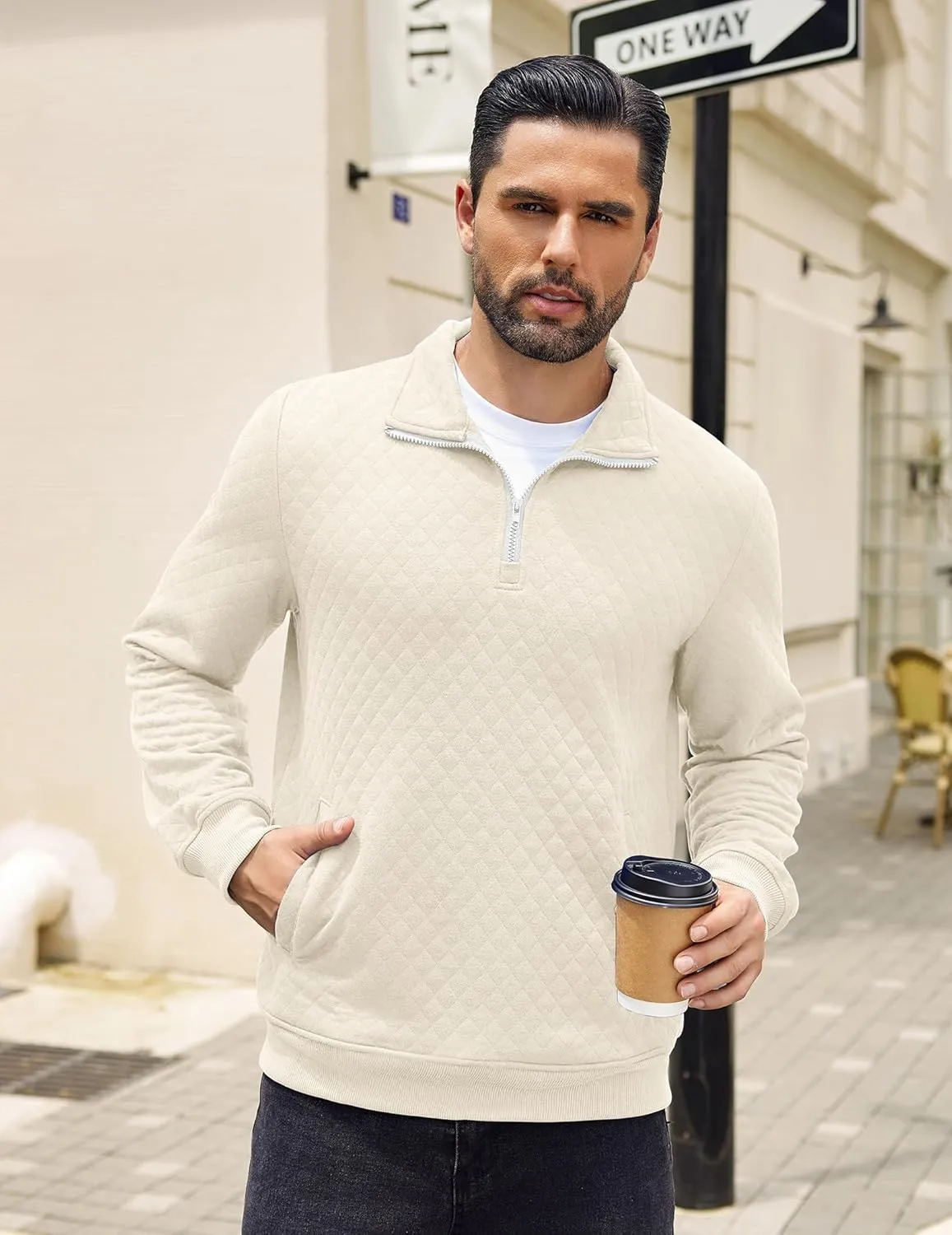 COOFANDY Mens Quarter Zip Pullover Quilted Sweatshirt Knit Long Sleeve Mock Neck Sweater Polo with Pocket