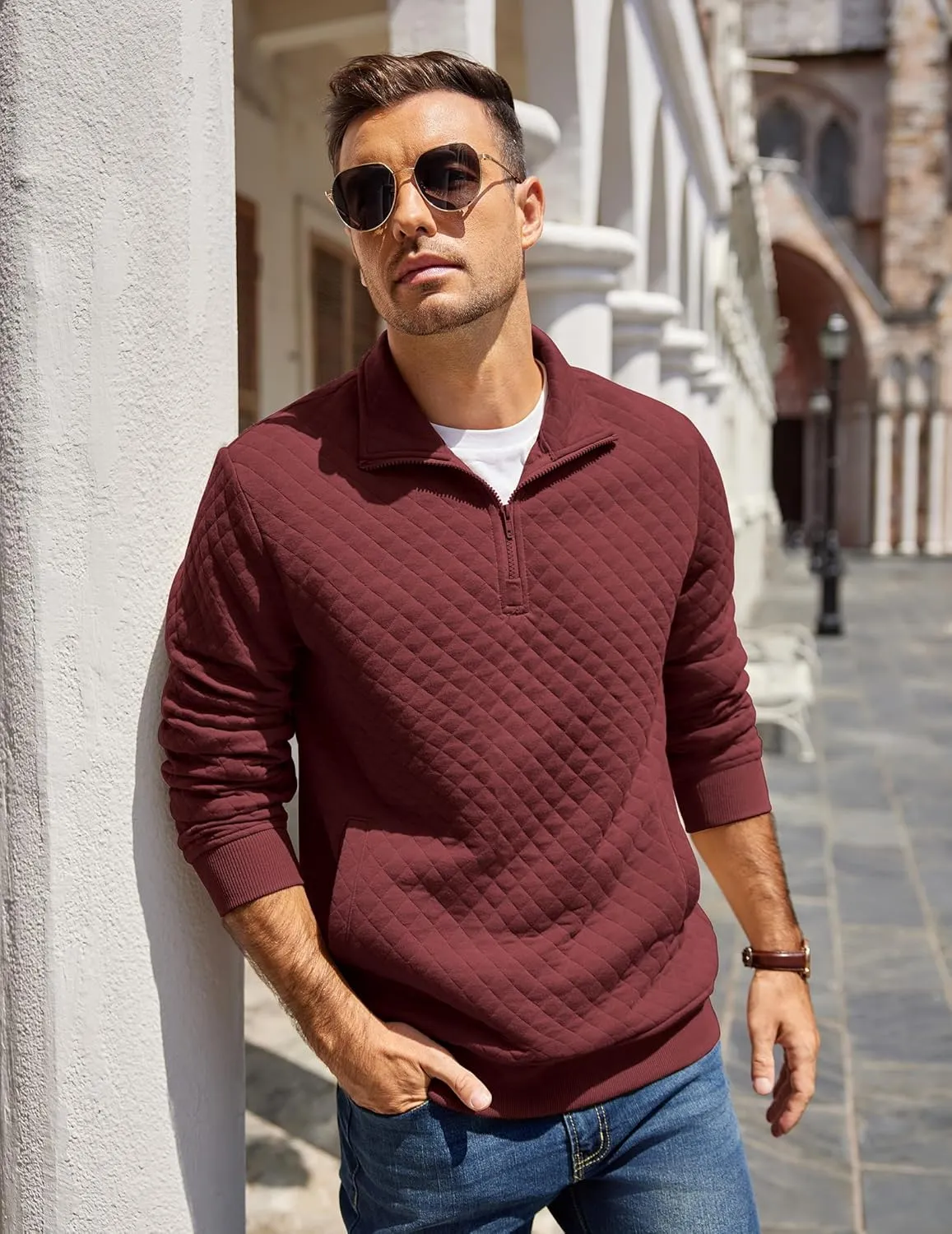 COOFANDY Mens Quarter Zip Pullover Quilted Sweatshirt Knit Long Sleeve Mock Neck Sweater Polo with Pocket