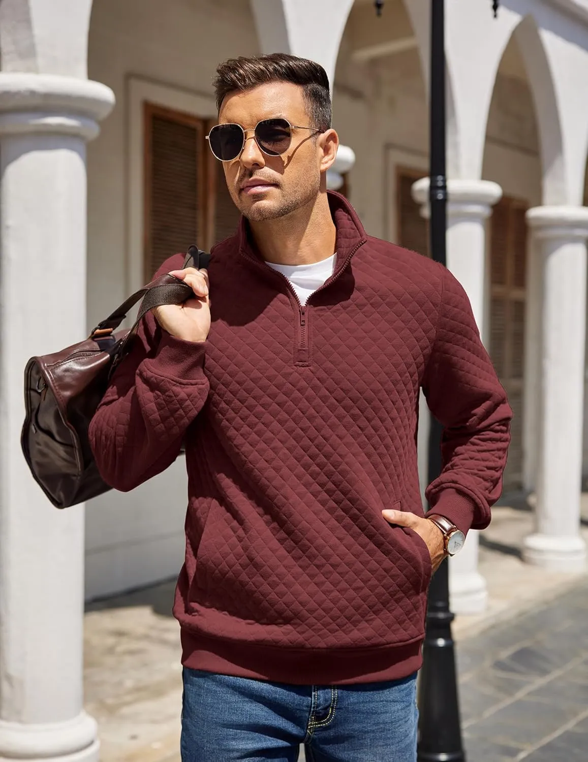 COOFANDY Mens Quarter Zip Pullover Quilted Sweatshirt Knit Long Sleeve Mock Neck Sweater Polo with Pocket