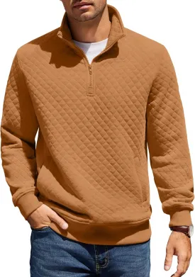 COOFANDY Mens Quarter Zip Pullover Quilted Sweatshirt Knit Long Sleeve Mock Neck Sweater Polo with Pocket