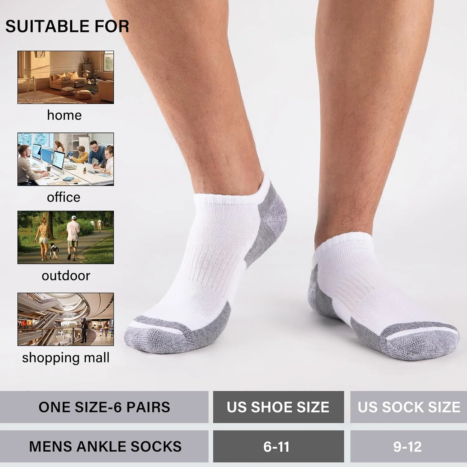 COOPLUS 12 Pack Mens Cushioned Ankle Socks, Low Cut Breathable Casual Socks (Shoe Size 6-11)