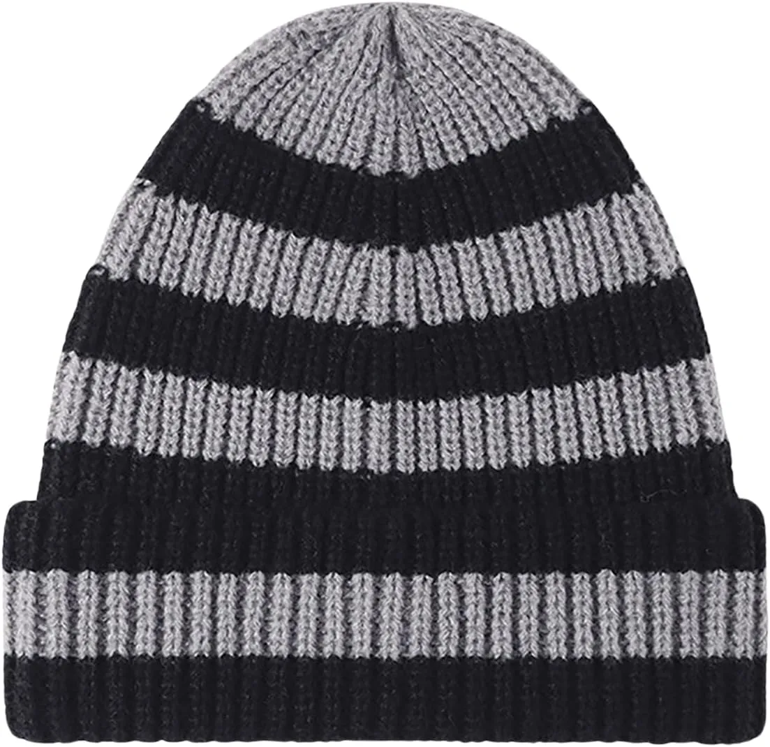 CORIRESHA Unisex Fashion Striped Beanie Cuffed Winter Warm Cozy Chunky Rib Knit Hat