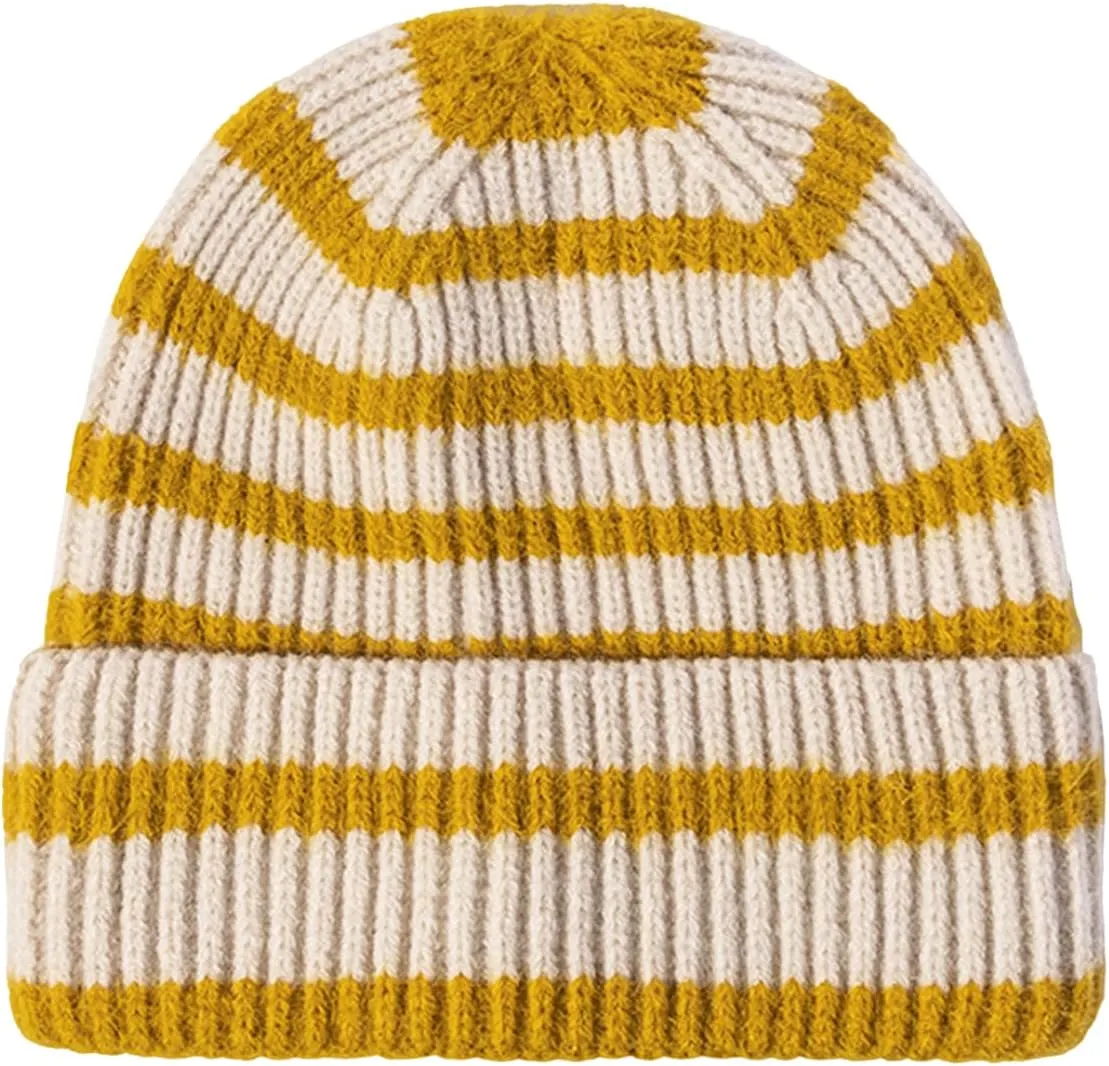 CORIRESHA Unisex Fashion Striped Beanie Cuffed Winter Warm Cozy Chunky Rib Knit Hat