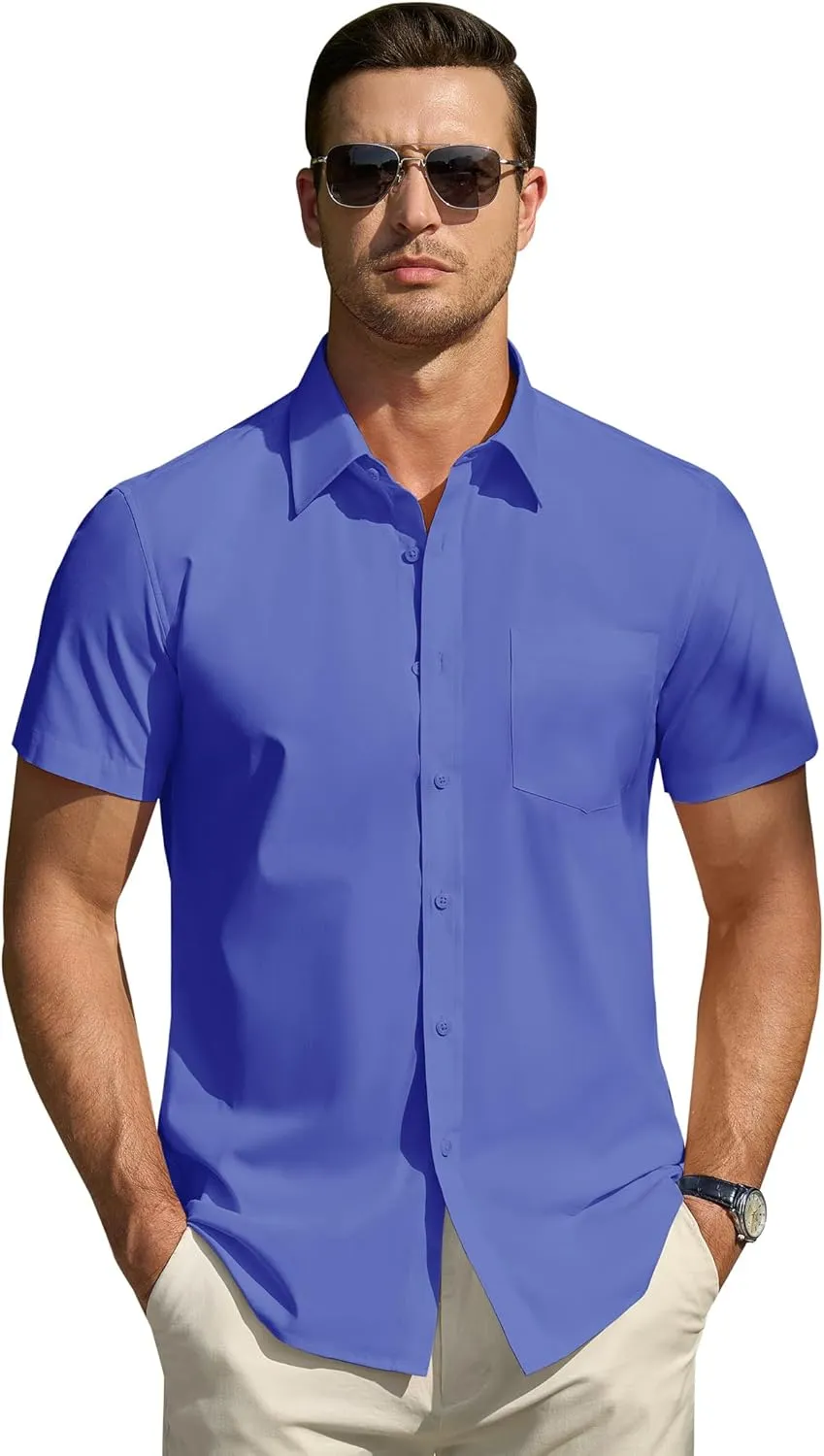 DEMEANOR Cotton Mens Dress Shirts Short Sleeve Button Down Shirts Formal Summer Dress Shirt Casual Button Up Shirts Men