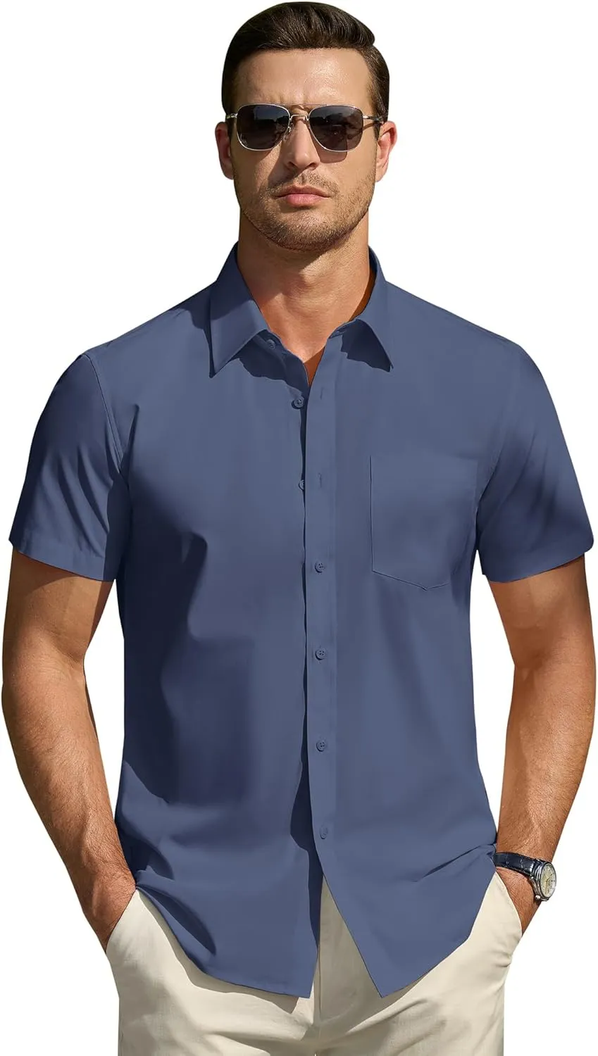 DEMEANOR Cotton Mens Dress Shirts Short Sleeve Button Down Shirts Formal Summer Dress Shirt Casual Button Up Shirts Men