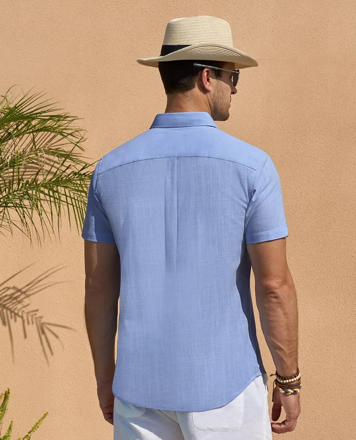 DEMEANOR Linen Shirts for Men Short Sleeve Button Down Shirts Summer Beach Casual Linen Button Up Shirt Vacation Wedding