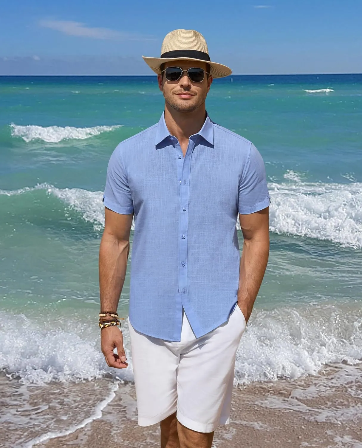 DEMEANOR Linen Shirts for Men Short Sleeve Button Down Shirts Summer Beach Casual Linen Button Up Shirt Vacation Wedding