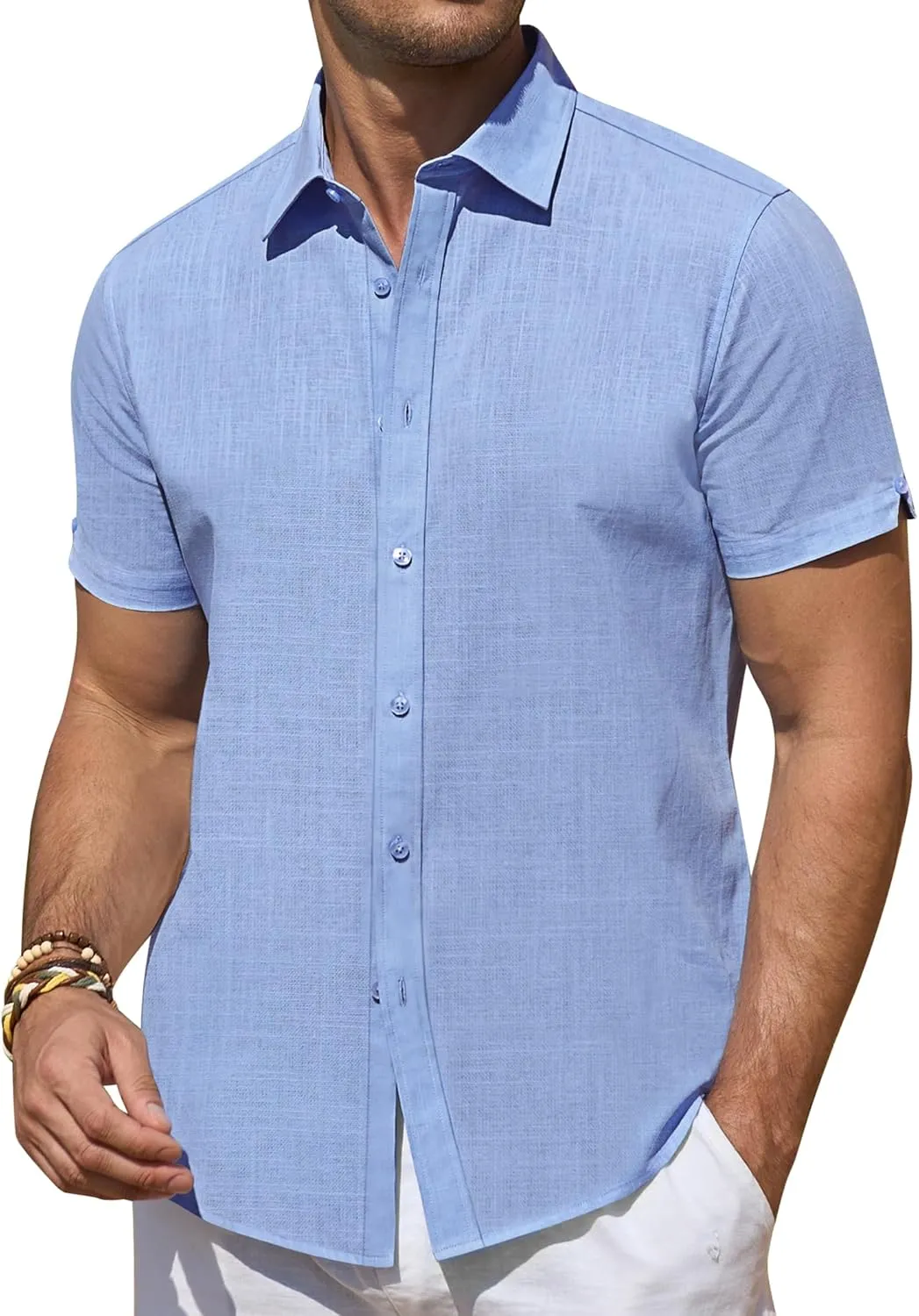 DEMEANOR Linen Shirts for Men Short Sleeve Button Down Shirts Summer Beach Casual Linen Button Up Shirt Vacation Wedding