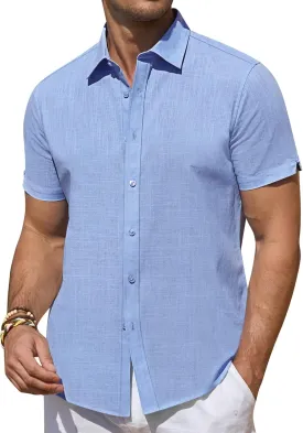 DEMEANOR Linen Shirts for Men Short Sleeve Button Down Shirts Summer Beach Casual Linen Button Up Shirt Vacation Wedding
