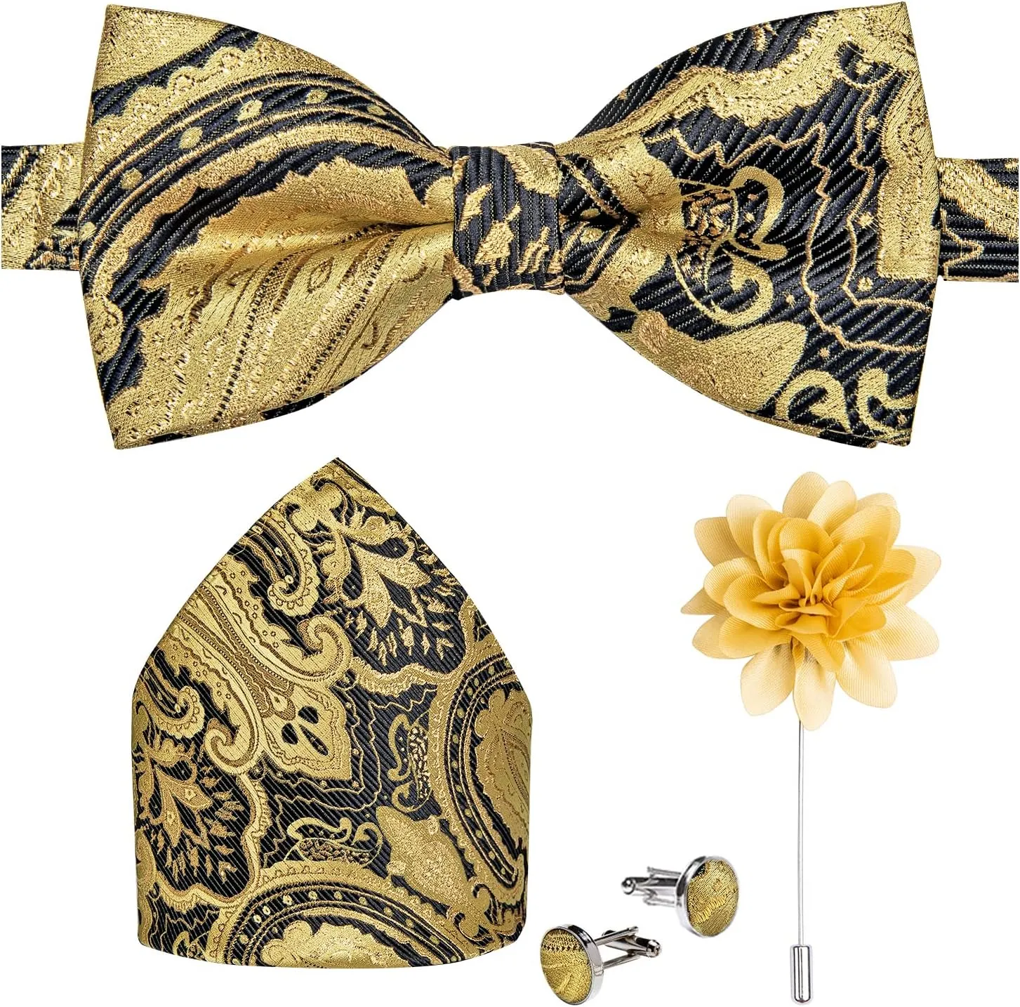 DiBanGu Pre-Tied Bow Ties for Men Silk Adjustable Tuxedo Bowties Pocket Square Cufflinks Set with Lapel Pin Jacquard Woven