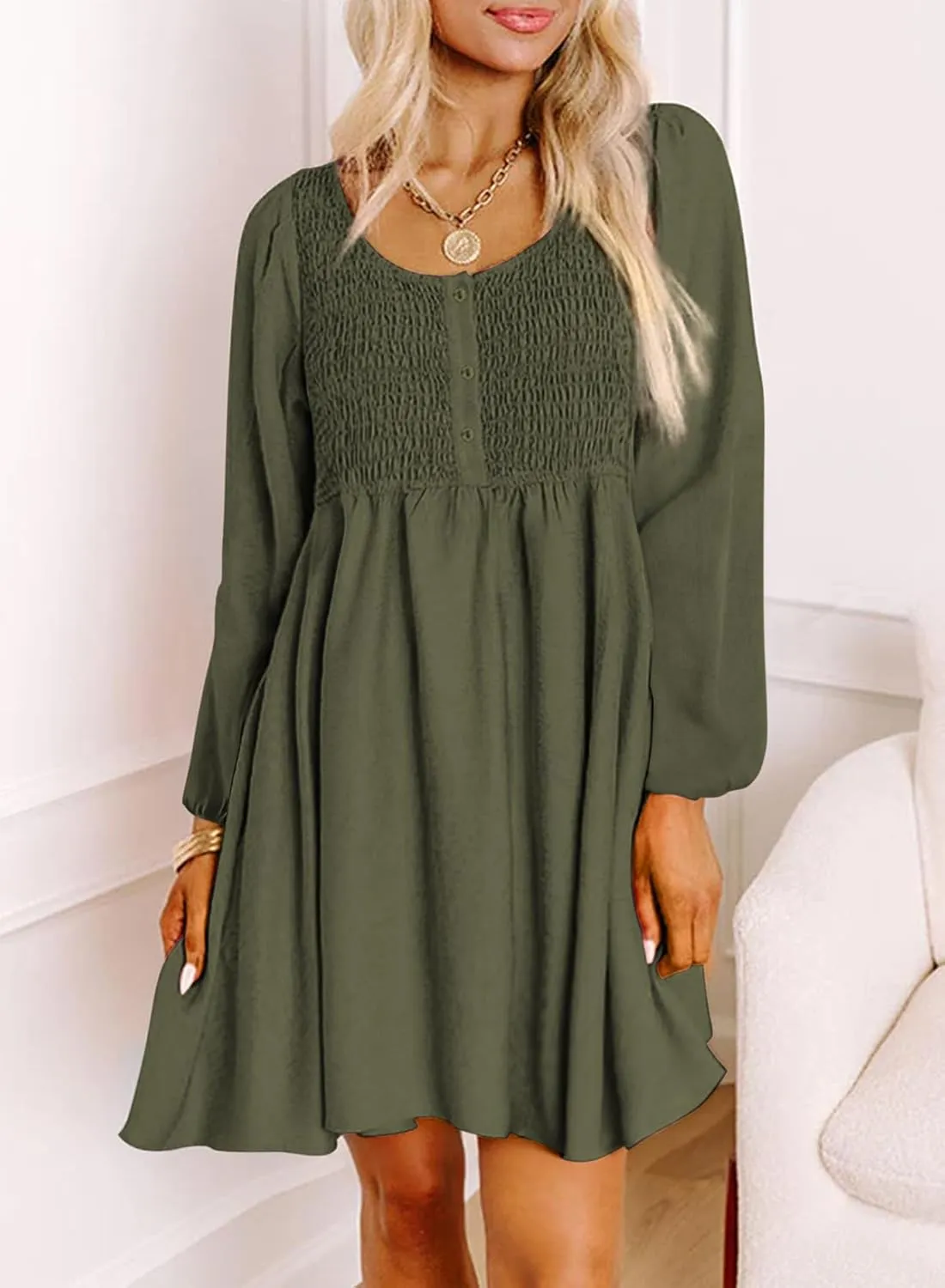 Dokotoo Womens 2025 Casual Dress Smocked Crewneck Button Up Long Sleeve Empire Waist A-Line Mini Dress