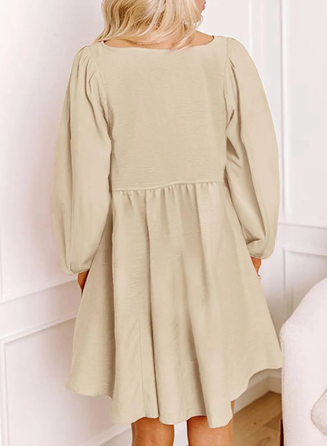 Dokotoo Womens 2025 Casual Dress Smocked Crewneck Button Up Long Sleeve Empire Waist A-Line Mini Dress