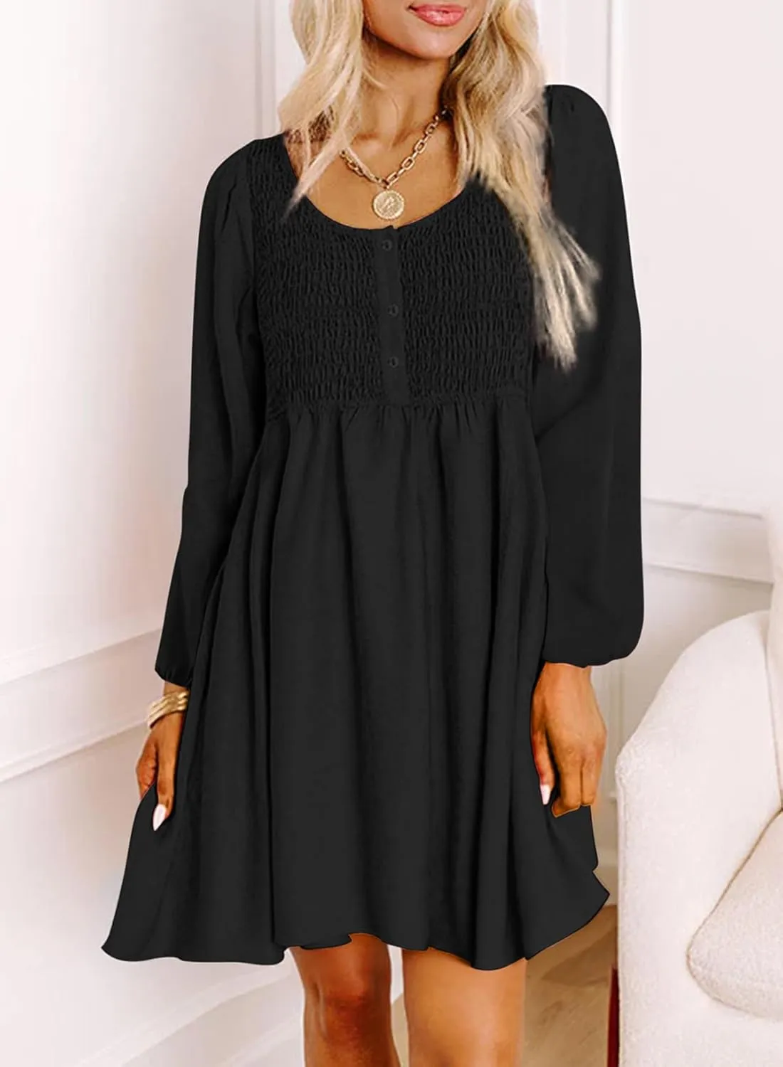 Dokotoo Womens 2025 Casual Dress Smocked Crewneck Button Up Long Sleeve Empire Waist A-Line Mini Dress