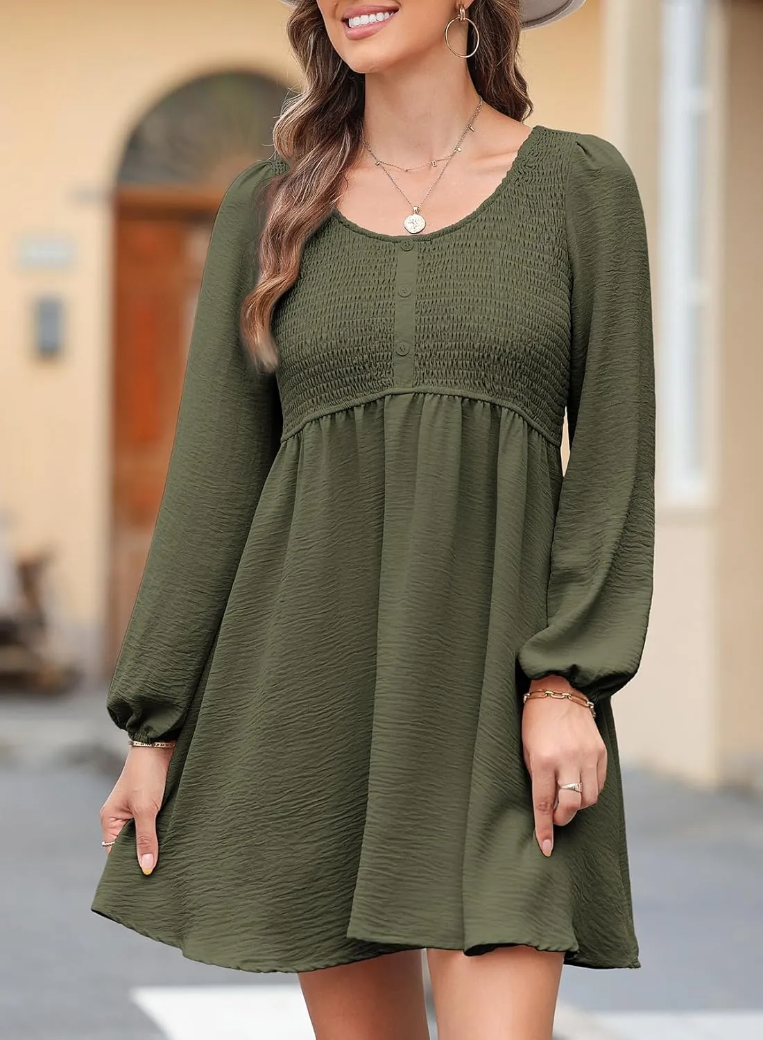 Dokotoo Womens 2025 Casual Dress Smocked Crewneck Button Up Long Sleeve Empire Waist A-Line Mini Dress