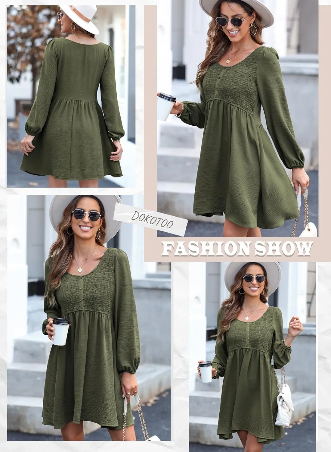 Dokotoo Womens 2025 Casual Dress Smocked Crewneck Button Up Long Sleeve Empire Waist A-Line Mini Dress