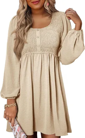 Dokotoo Womens 2025 Casual Dress Smocked Crewneck Button Up Long Sleeve Empire Waist A-Line Mini Dress
