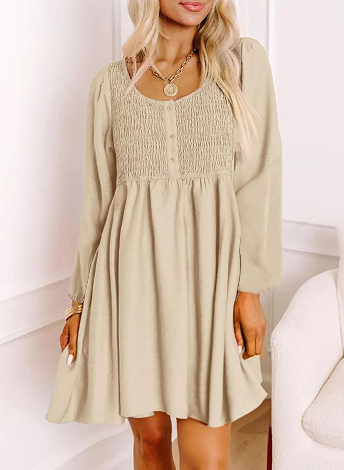 Dokotoo Womens 2025 Casual Dress Smocked Crewneck Button Up Long Sleeve Empire Waist A-Line Mini Dress
