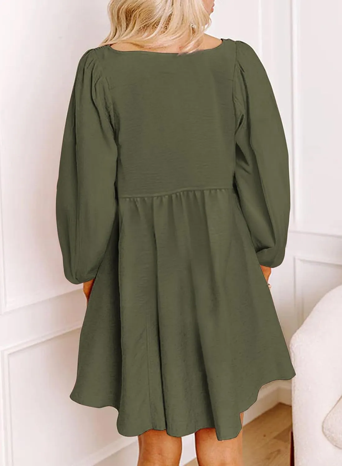 Dokotoo Womens 2025 Casual Dress Smocked Crewneck Button Up Long Sleeve Empire Waist A-Line Mini Dress