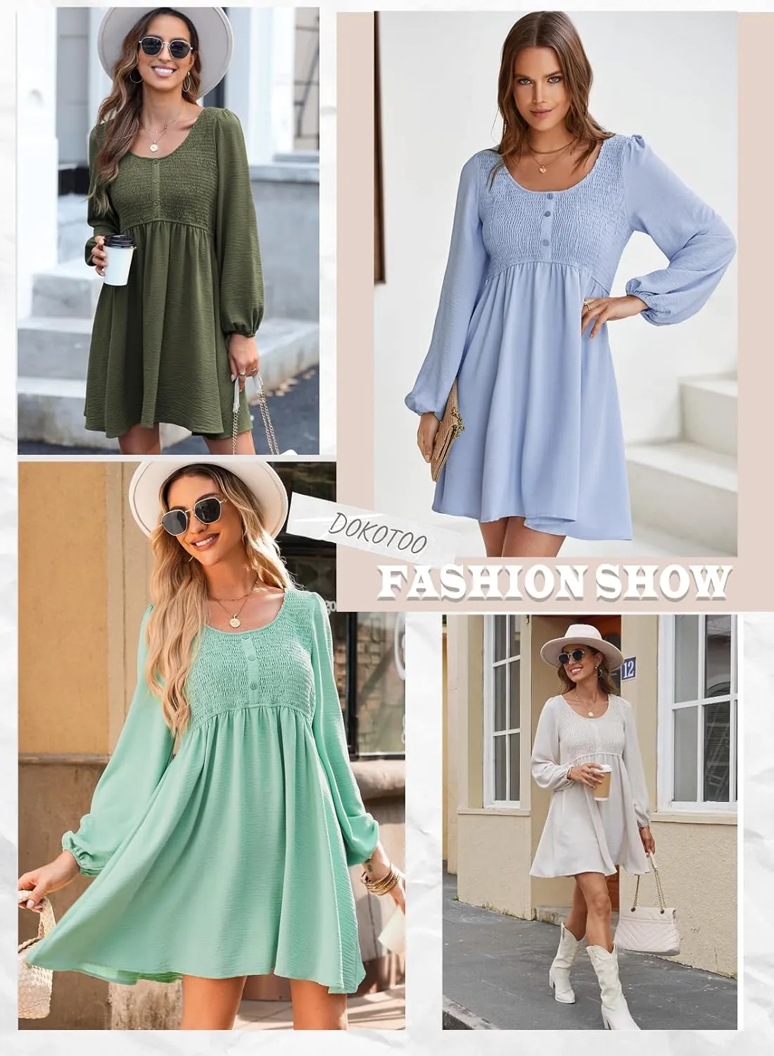 Dokotoo Womens 2025 Casual Dress Smocked Crewneck Button Up Long Sleeve Empire Waist A-Line Mini Dress