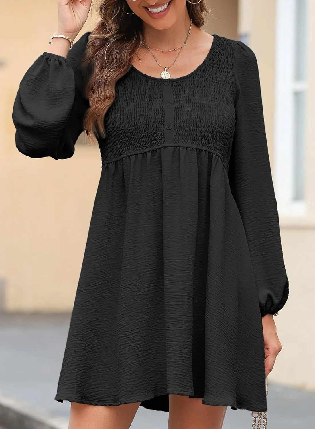 Dokotoo Womens 2025 Casual Dress Smocked Crewneck Button Up Long Sleeve Empire Waist A-Line Mini Dress